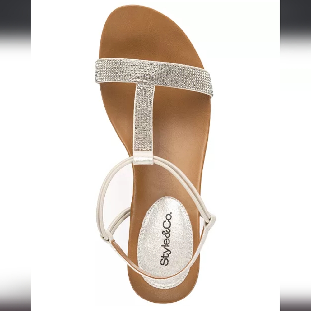 Style & Co Womens 12 Silver Tan Wedge Heel T Strap Sandals Shoes NEW NIB - Picture 7 of 8